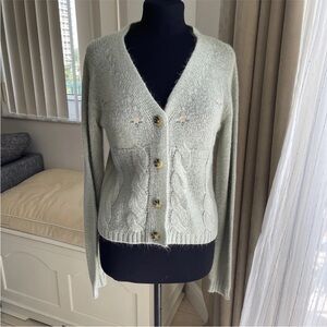 Vylette Light Green Cardigan Sweater cable knit embroidered M